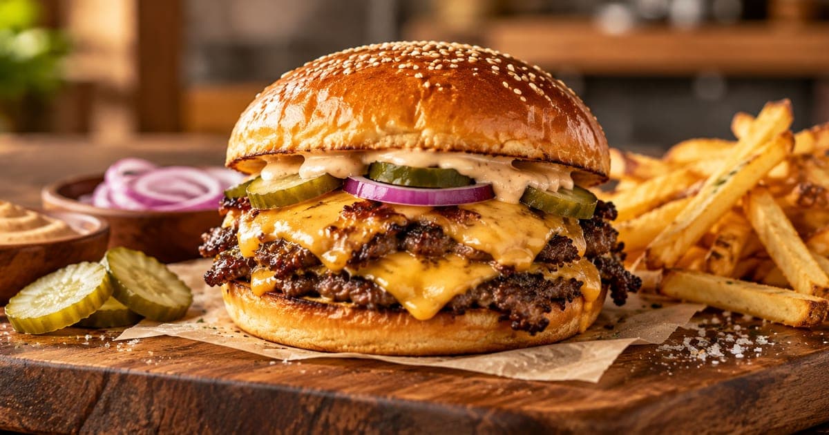 Crispy double smash burger with lacy browned edges, melted cheese, pickles, red onion and sauce on a sesame bun, with fries on a wooden board