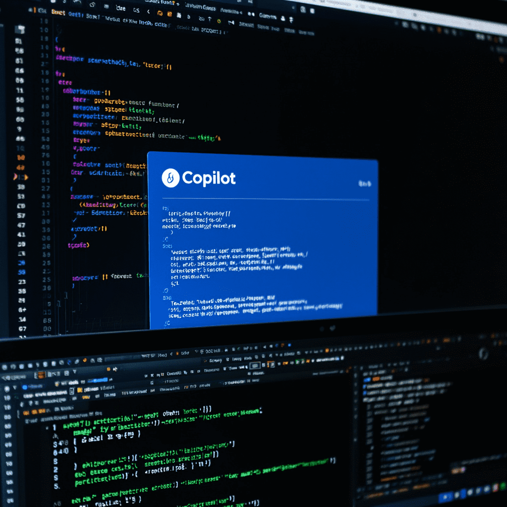 AI code assistant suggesting a function inside VS Code with Copilot popup and terminal window