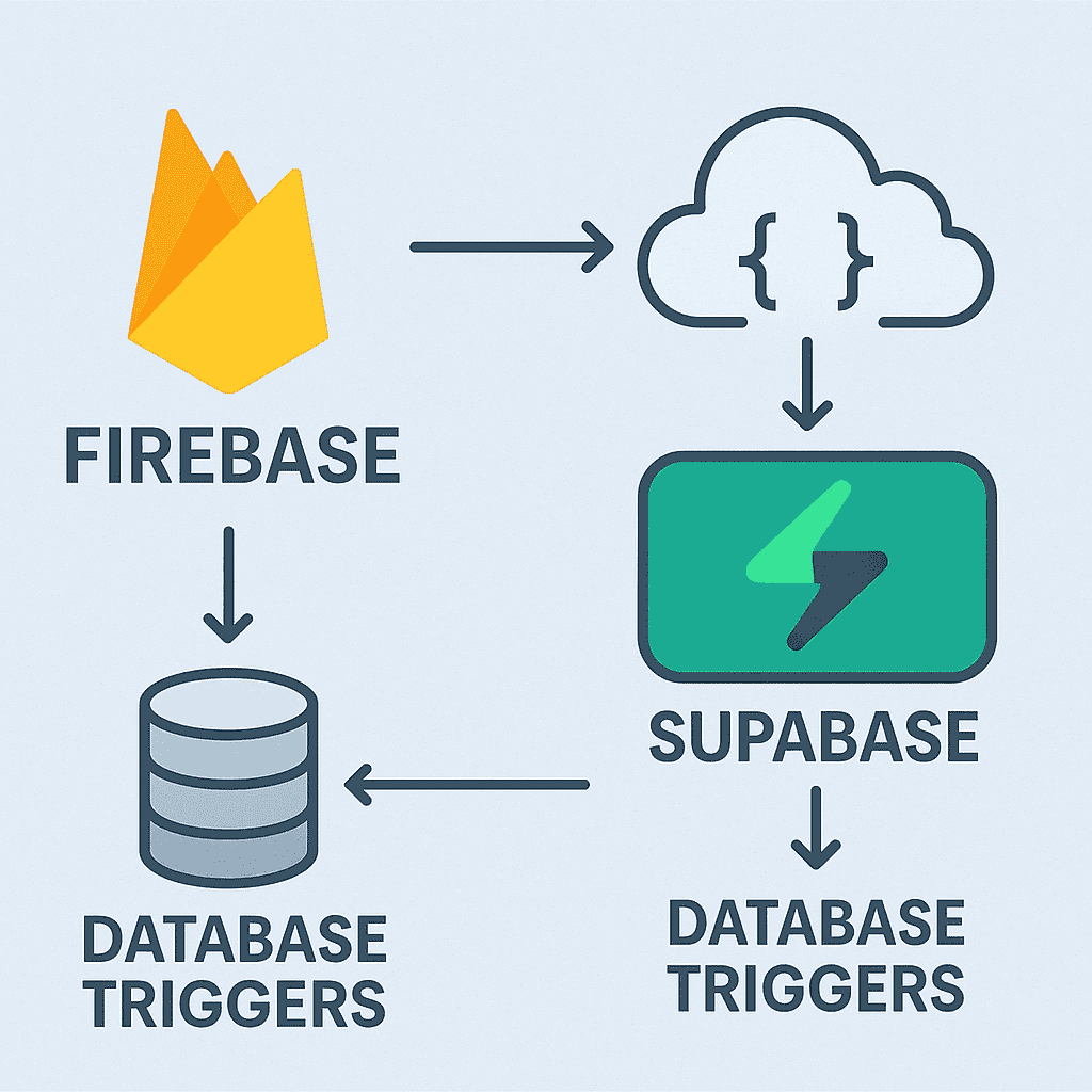 Modern backend architecture diagram showing Firebase, Supabase, serverless functions, and database triggers