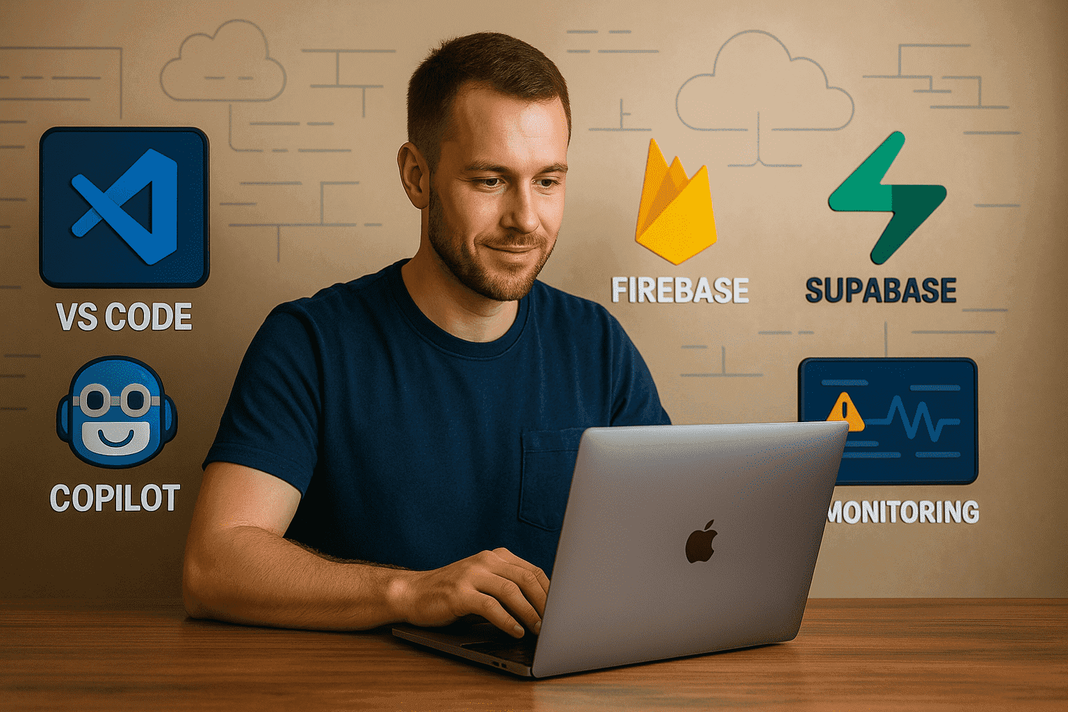 Modern development tools and workflow visualization showing AI assistants, serverless architecture, and monitoring dashboards