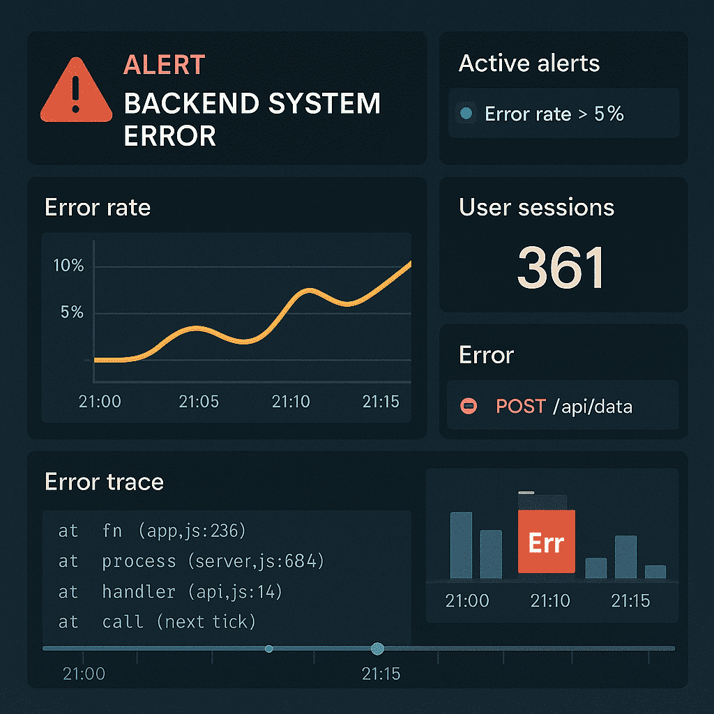 Real-time monitoring dashboard showing alerts, user sessions, and error traces in Grafana/Sentry layout